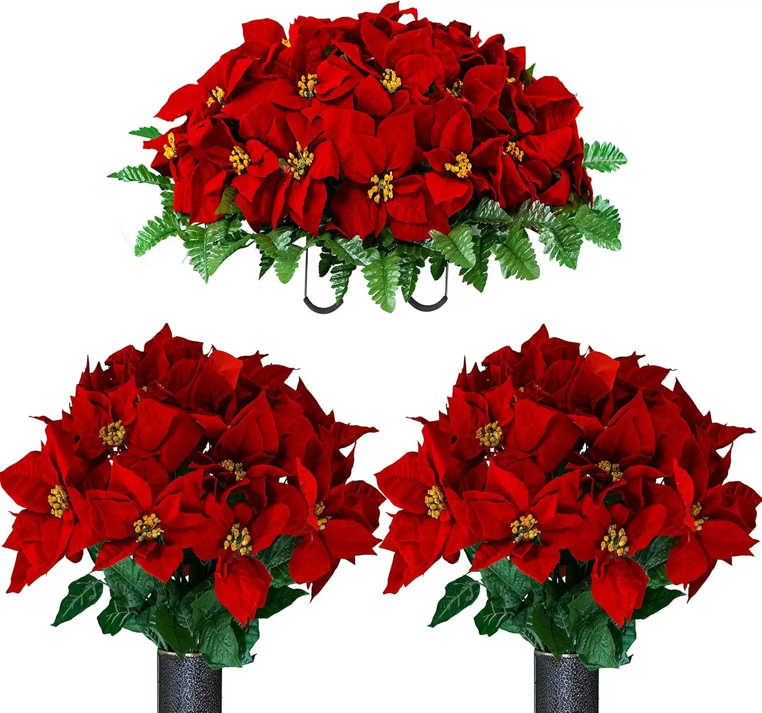 Artificial Cemetery Flowers  Headstone Christmas Decor Outdoor Grave Decorations  Red and White Poinsettias  2 Bouquets & 1