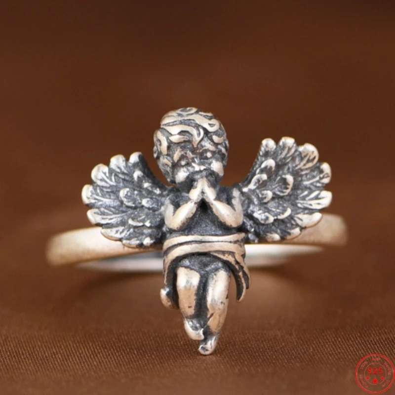 S925 Sterling Silver Rings for Women Men New Fashion Vintage Minimalist Cartoon Wings Angel Jewelry Adjustalbe Wholesale