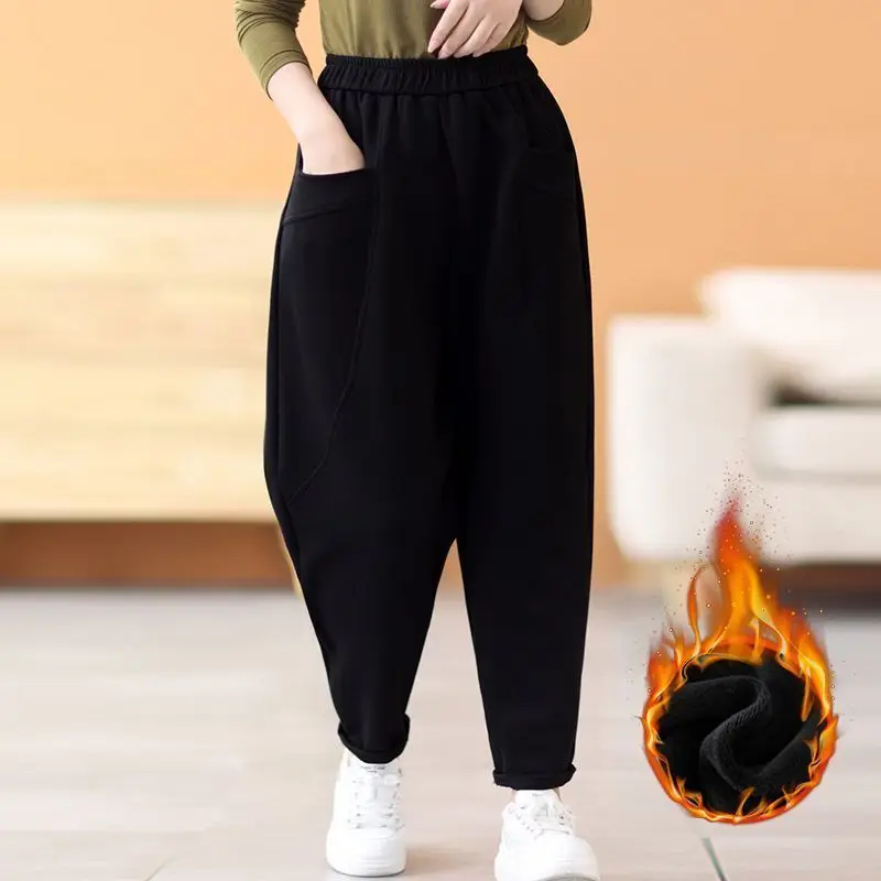 Winter Women Casual Streetwear Vintage Harajuku Fleece Warm Baggy Harem Pants Y2K Female Solid Pockets Loose Sweatpants Pantalon