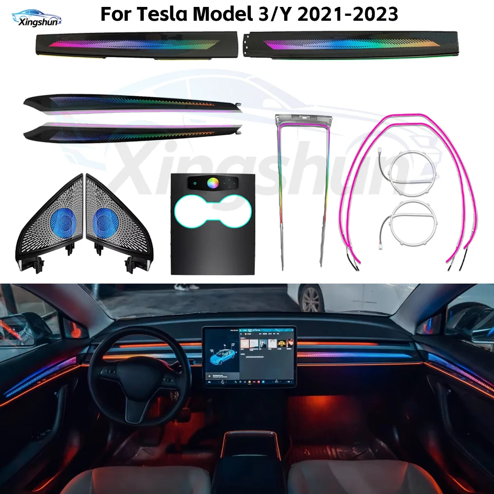 Rainbow Dynamic Ambient Light for Tesla Model 3/Y 2021-2023 Car Interior Dashboard Lighting Trim Upgrade Accessories