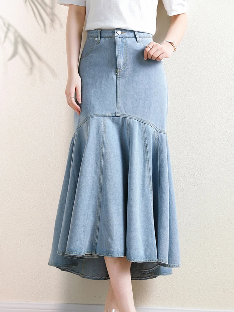 Vintage Light Blue Mermaid Skirts Women Zipper High Waist Denim Skirts Female 2023 New Chic Trumpet Skirts Ruffers Mujer Faldas