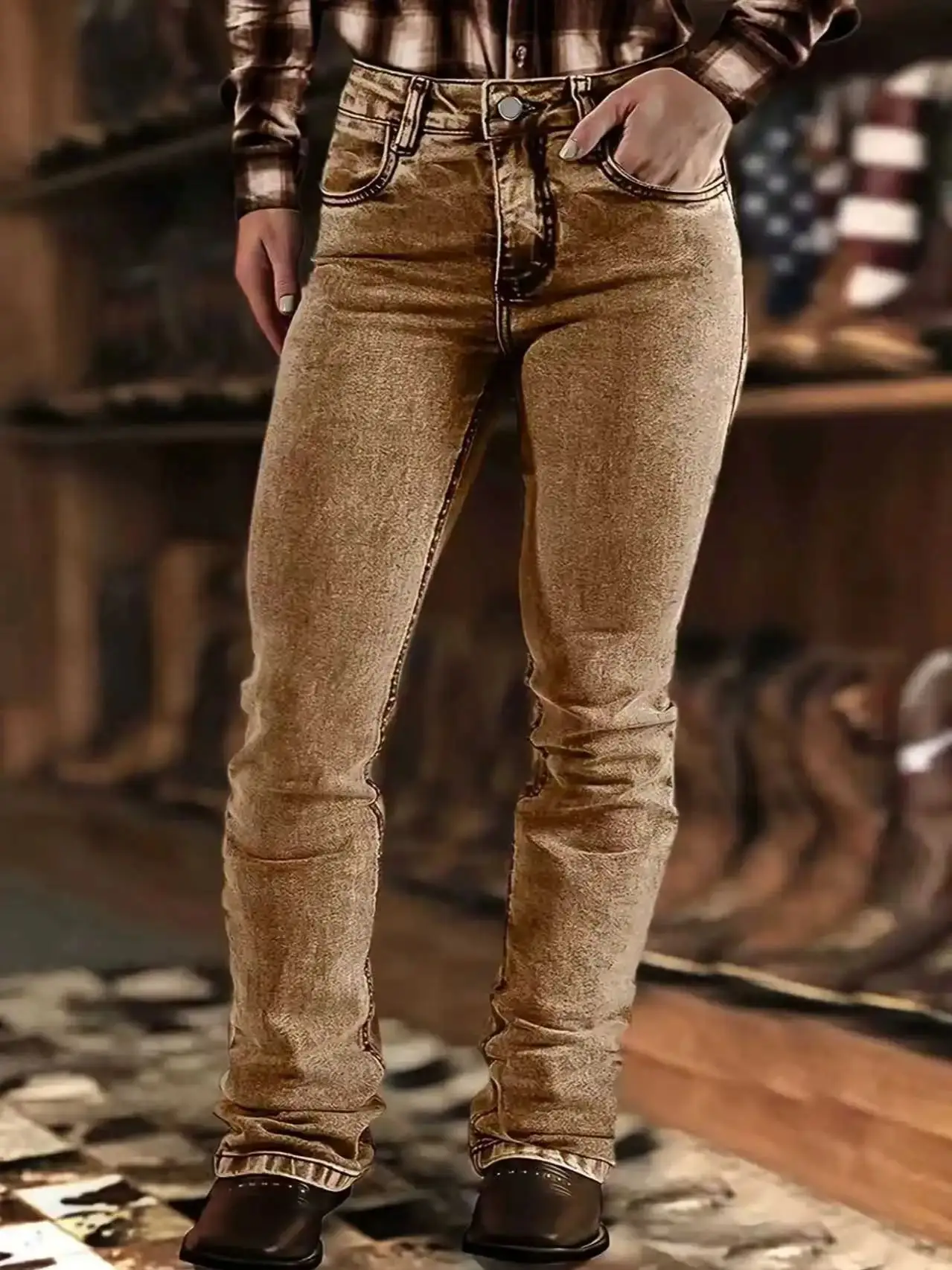 

Женские коричневые узкие расклешенные джинсы в стиле ретро, облегающие, эластичные, со средней талией, модные, длинные джинсовые брюки