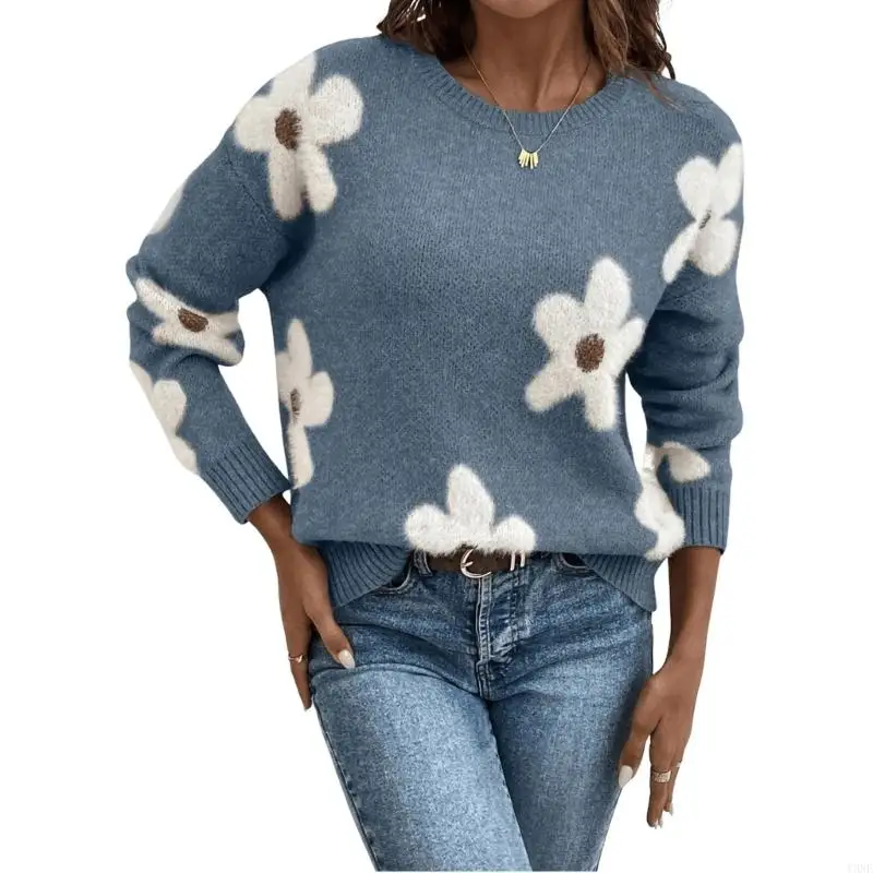 Bild 5: Y3NE Damen-Pullover mit Blumenmuster, Rundhalsausschnitt, Langarm, lässig, lockerer Strickpullover