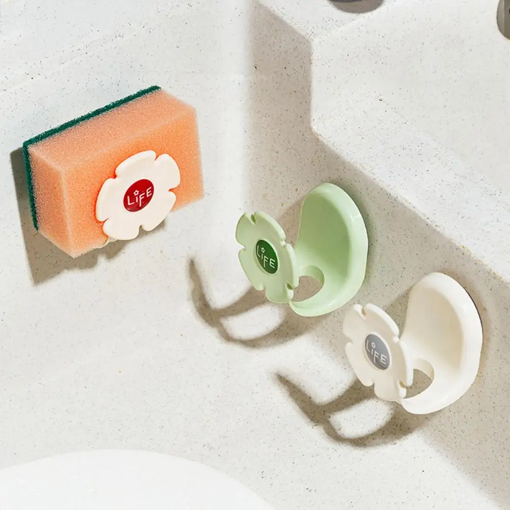 Kitchen Bathroom Sink Sponge Wipe Storage Rack Drainage Design Drill-Free Sticky Flower Shape Organizer