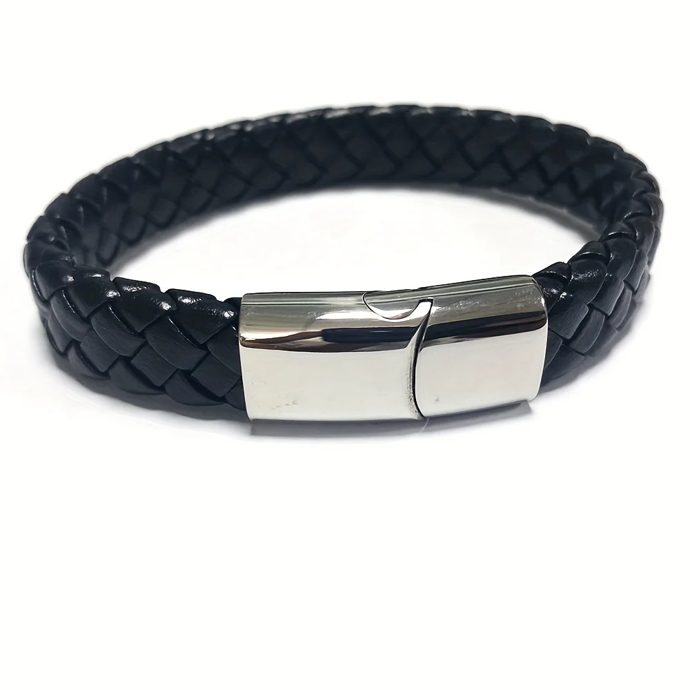 Personalized Engraved Name Leather Bracelet Customize Symbol Stainless Steel Magnet Buckle Layered Bracelet for Couple Gift view 5