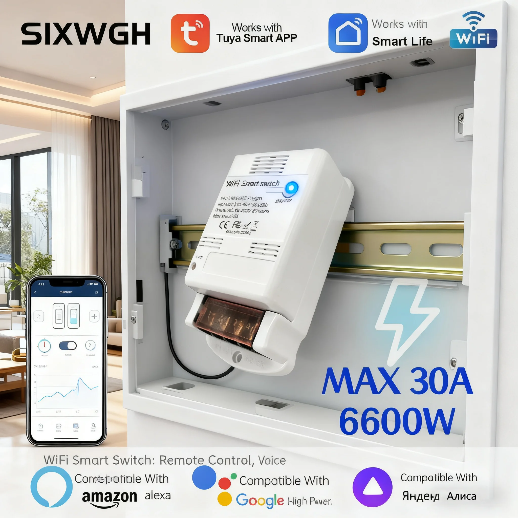 

SIXWGH 6600W Smart Switch 30A Wireless Control Power Monitor Timing Google Remote Control App Compatible Tuya Smart Home System