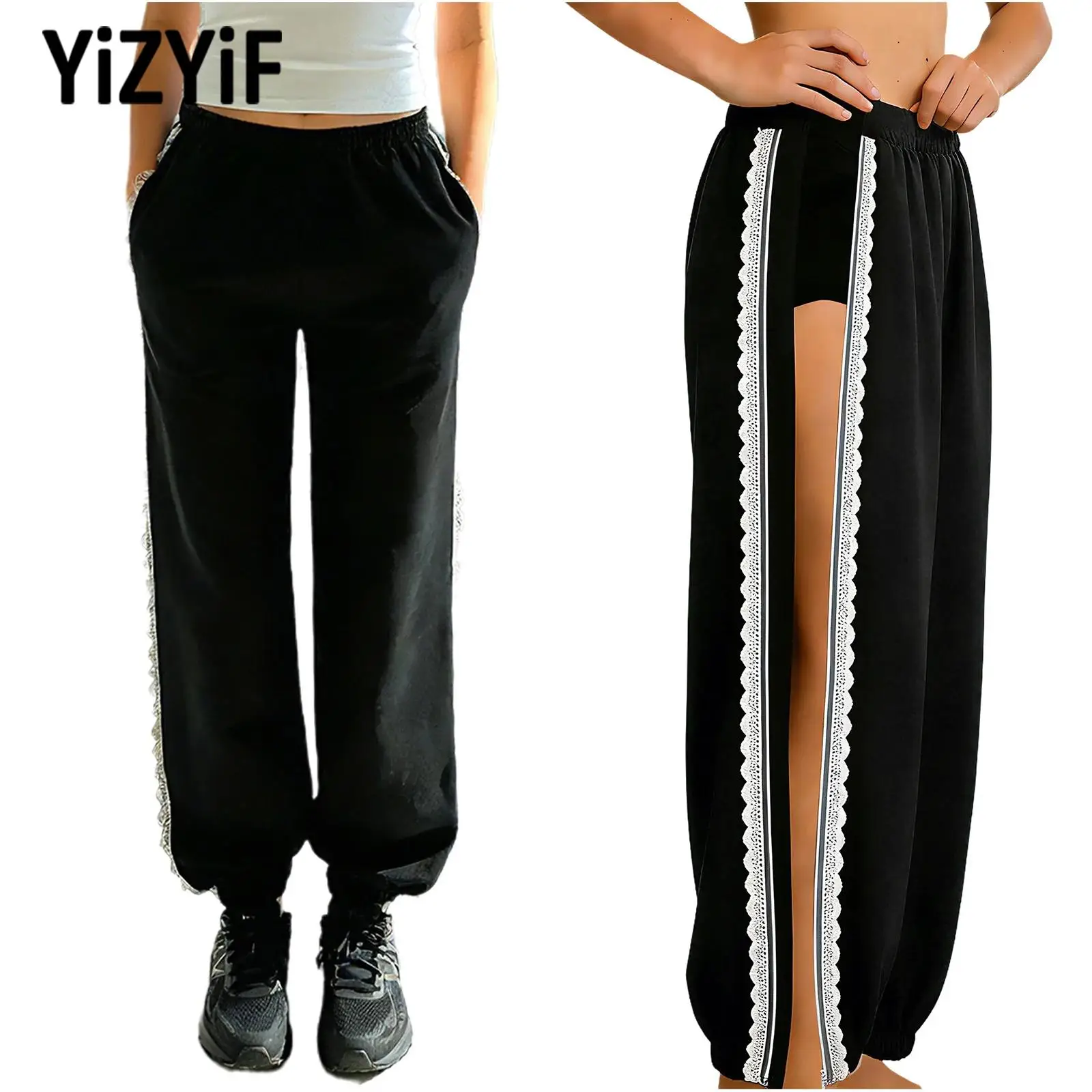 

Women Sports Special Needs Clothes Side Zipper Tear Away Workout Pants Breathable Soft Stretchy Lace Trim Sweatpants Active Wear