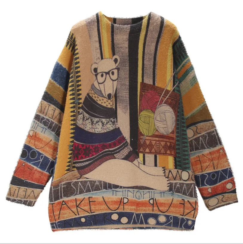 

Autumn Winter Women Cartoon Printed Letter O-Neck Full Sleeve Loose Faux Mink Casmere Knitted Sweater Tops Female Wild JJ899