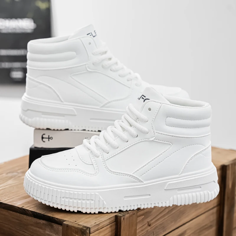 

2026 Spring New Unisex High-Top White Leather Sneakers | Platform Non-Slip Wear-Resistant Plus Size Couple Casual Sports Shoes