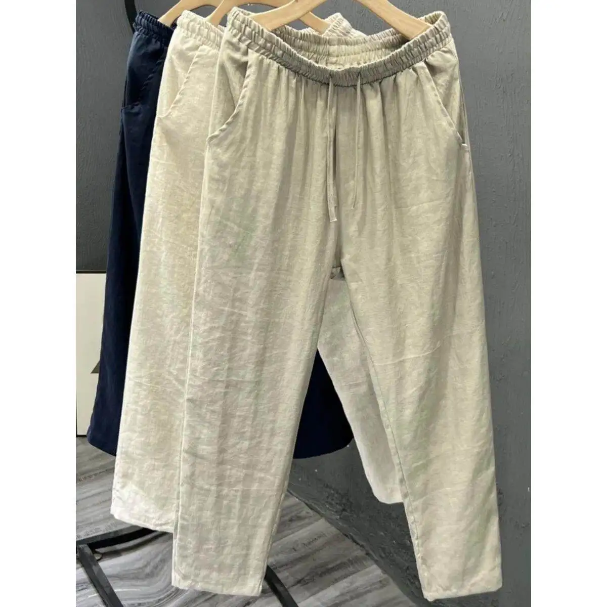 

Мужские летние тонкие брюки из хлопка и льна премиум-класса, белые, свободного кроя, длинные, укороченные (до щиколотки), прямые, с зауженными штанинами