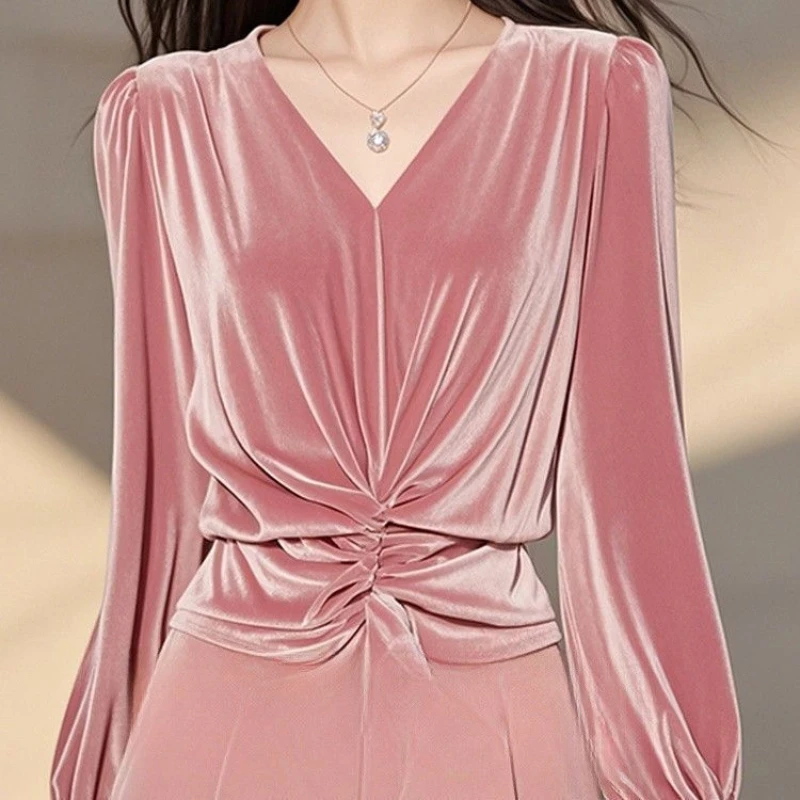 

Temperament V Neck Pleated Blouse Women Clothing Spring Autumn New Trend Long Sleeve Solid Elegant Shirt Tops Casual Fashion