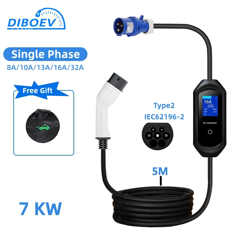 32A 7KW Type2 Portable EV Charger Wallbox IEC-62196 Standard Plug Charging for Eletric Vehicle Cars with Cable 5M