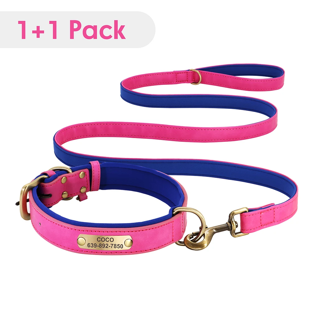 Personalized Dog ID Collar With Leash Soft Padded PU Leather Dogs Collar and Leash Set Anti-lost Tag For Small Medium Large Dogs