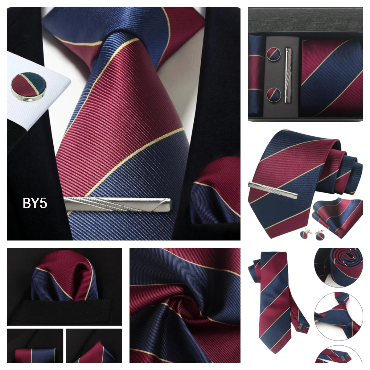 Klassische Herrenkrawatten aus 100 % Seide in Geschenkbox, 8 cm, kariert, gepunktet, gestreift, Business-Krawatte, Einstecktuch, Manschettenknöpfe, Hochzeitskrawatten-Set – Detail 39