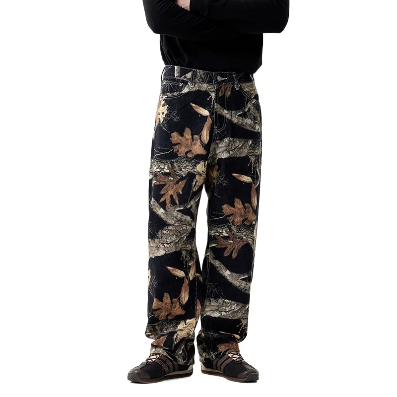 Men's Fashion High Street Oversized Hip Hop Jeans Pants Leaves Printed Denim Trousers Loose Fit Vibe Style Y2K Graffiti Jeans