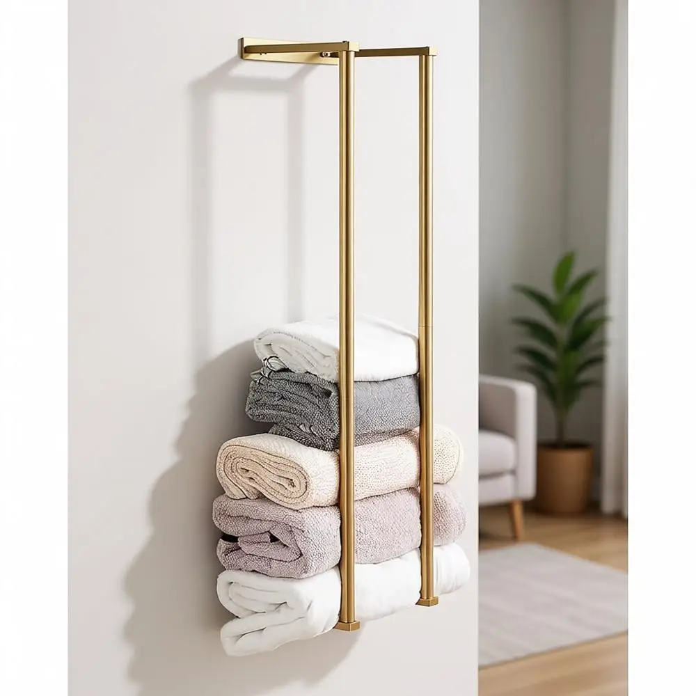 

Wall-Mounted Brushed Gold Stainless Steel Towel Rack for Large Towels and Washcloths - Bathroom Organizer