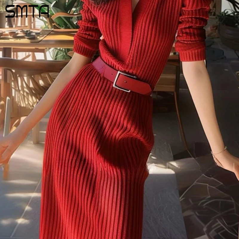 Christmas Red Knitted Sweater Wedding Dresses for Women Luxury Plunging V-Neck Long Sleeve Belted Night Club Party Dress Autumn