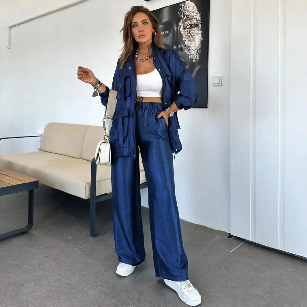 Metallic Women 2 Piece Set Solid Cargo Loose Coats Wide Leg Pants Matching Two Piece Suit Spring Autumn Fashion Street Outfits