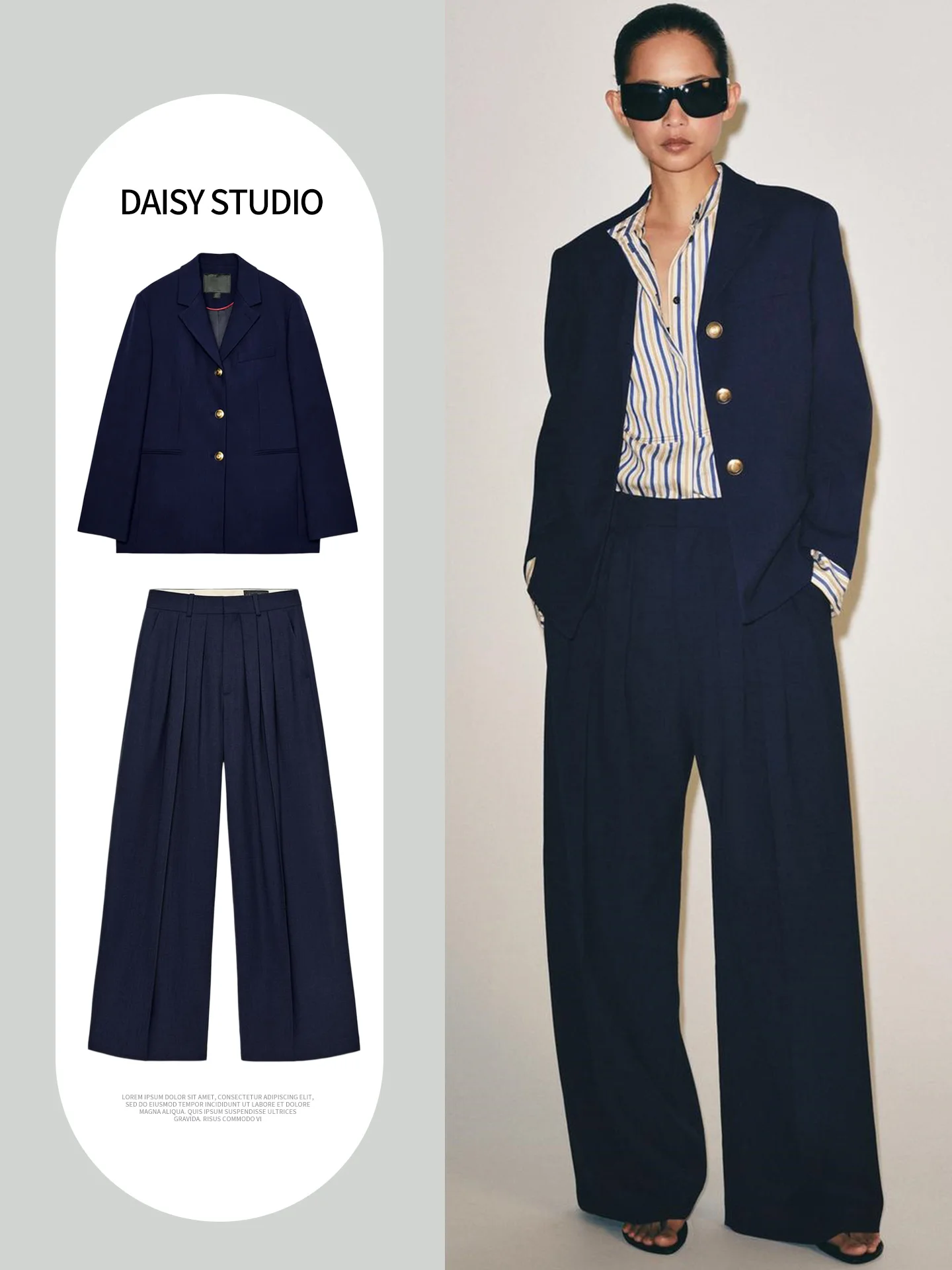 Long Sleeve Single Button Suit Jacket 7069788 mid Waist Buckle Decorated Pleated Wide Leg Pants 1993788 Women's Fashion Set