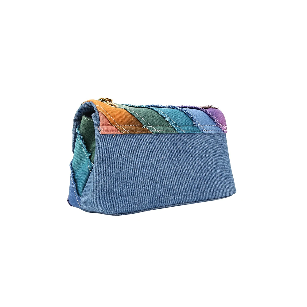 Fanshion-Bolso de mano colorido para mujer, bolsa de mezclilla lavada con estampado de tejido, monedero de combinación de arcoíris, bolso cruzado de