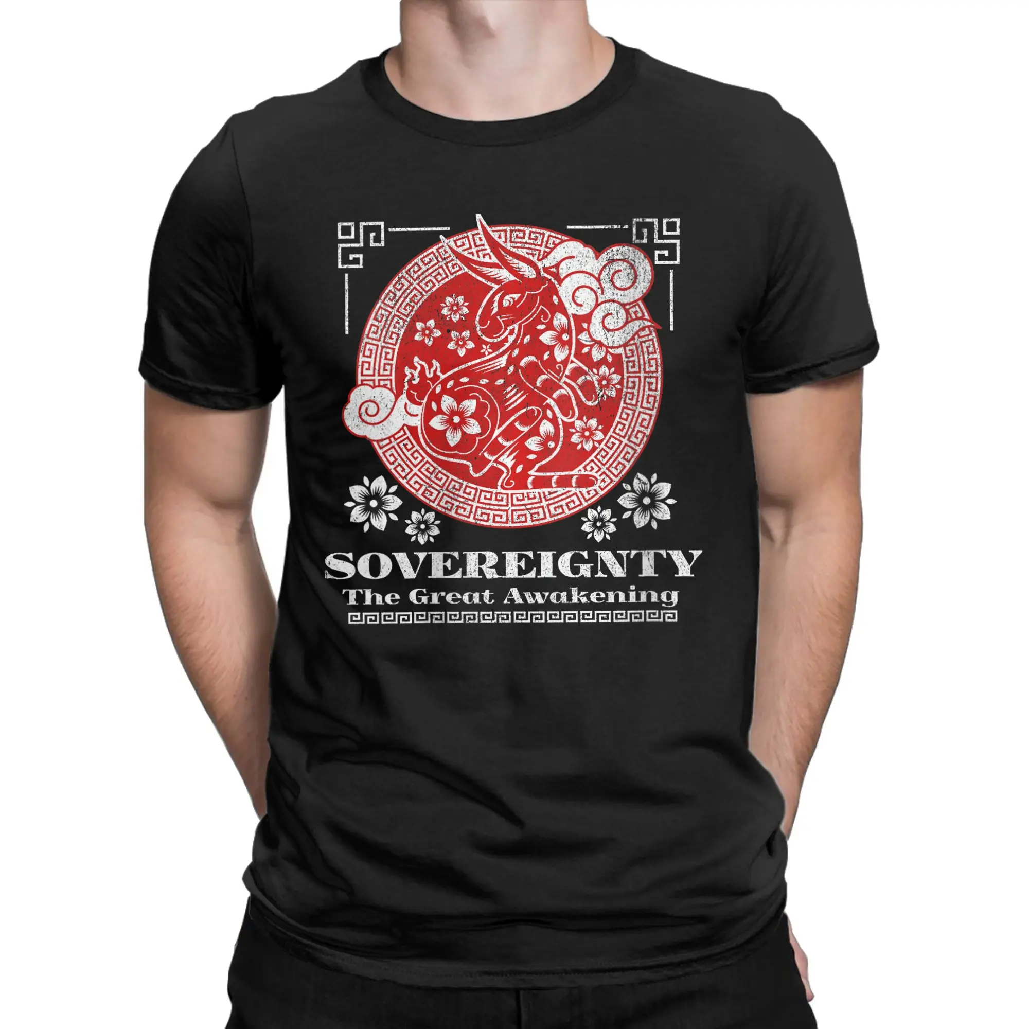 Men's Sovereignty The Great Awakening Ornate Rabbit Line Art T Shirts  Cotton Tops Summer Streetwear Short-Sleeve T-Shirt