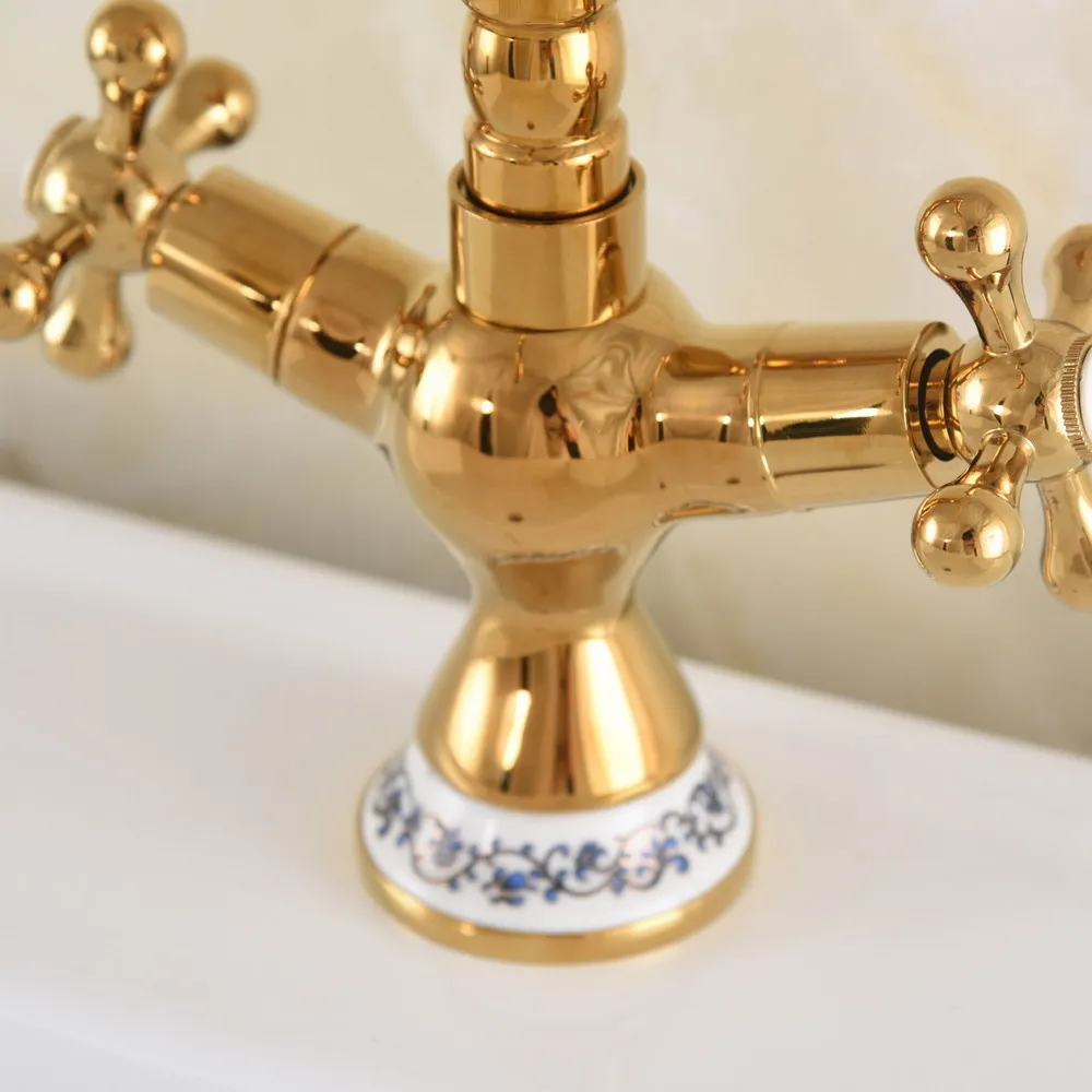 Gold Color Brass Ceramic Base Dual Cross Handles Bathroom Kitchen Basin Sink Faucet Mixer Tap Swivel Spout Deck Mounted mnf713