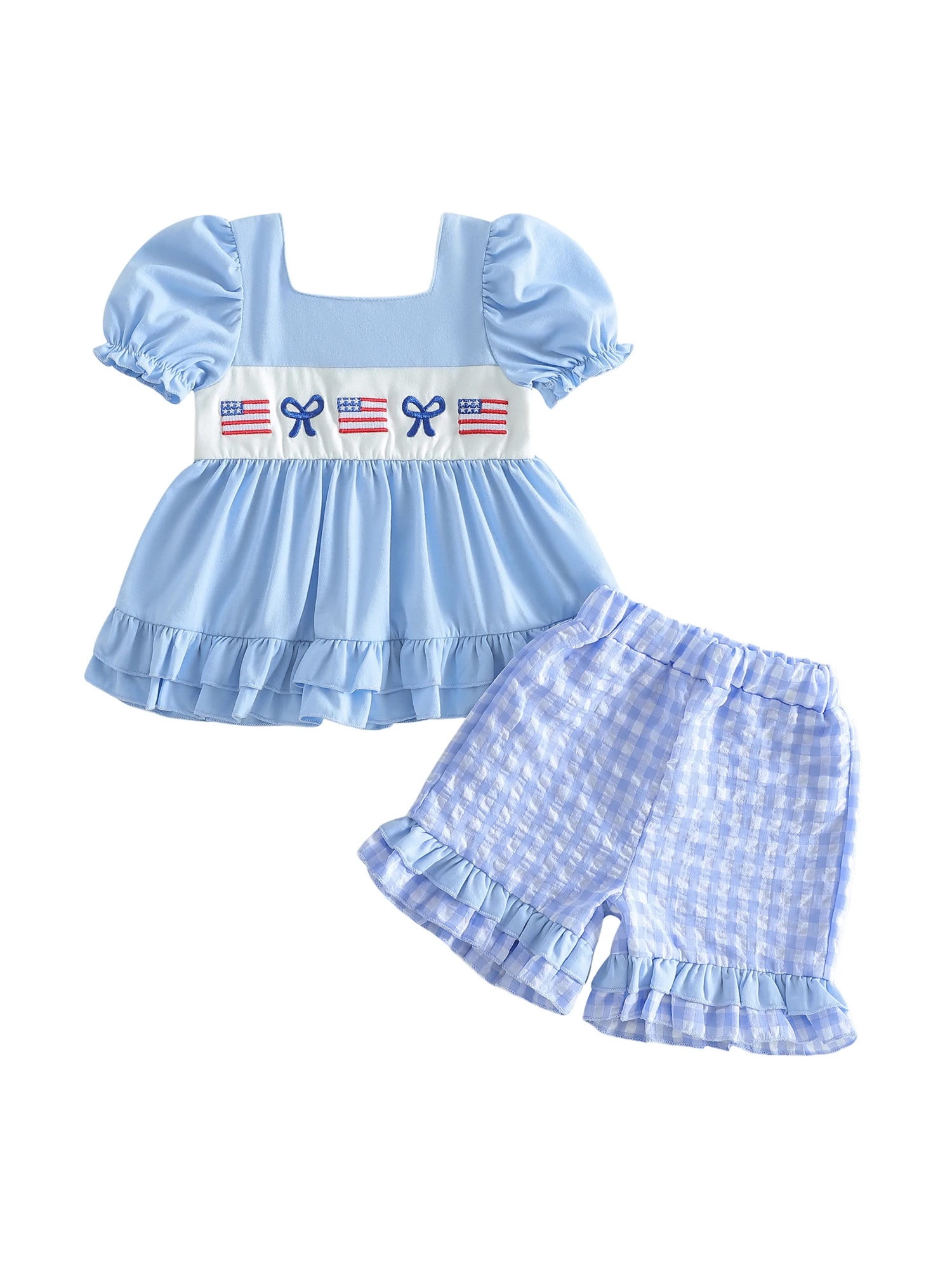 

Наряд для маленьких девочек на День независимости, топ с квадратным вырезом и рюшами на рукавах с принтом американского флага, клетчатые шорты с эластичной резинкой на талии, комплект из 2 предметов