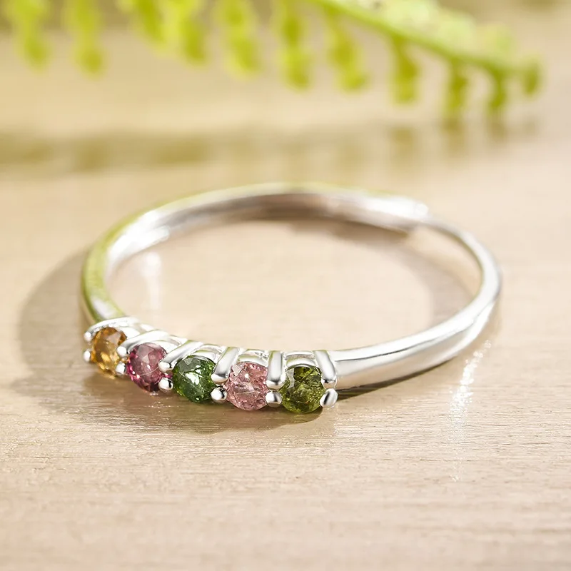 Tourmaline 925 Silver Women Ring Natural Stone Multicolor Sterling Silver S925 Opening Rings for Women Adjustable Wedding Ring