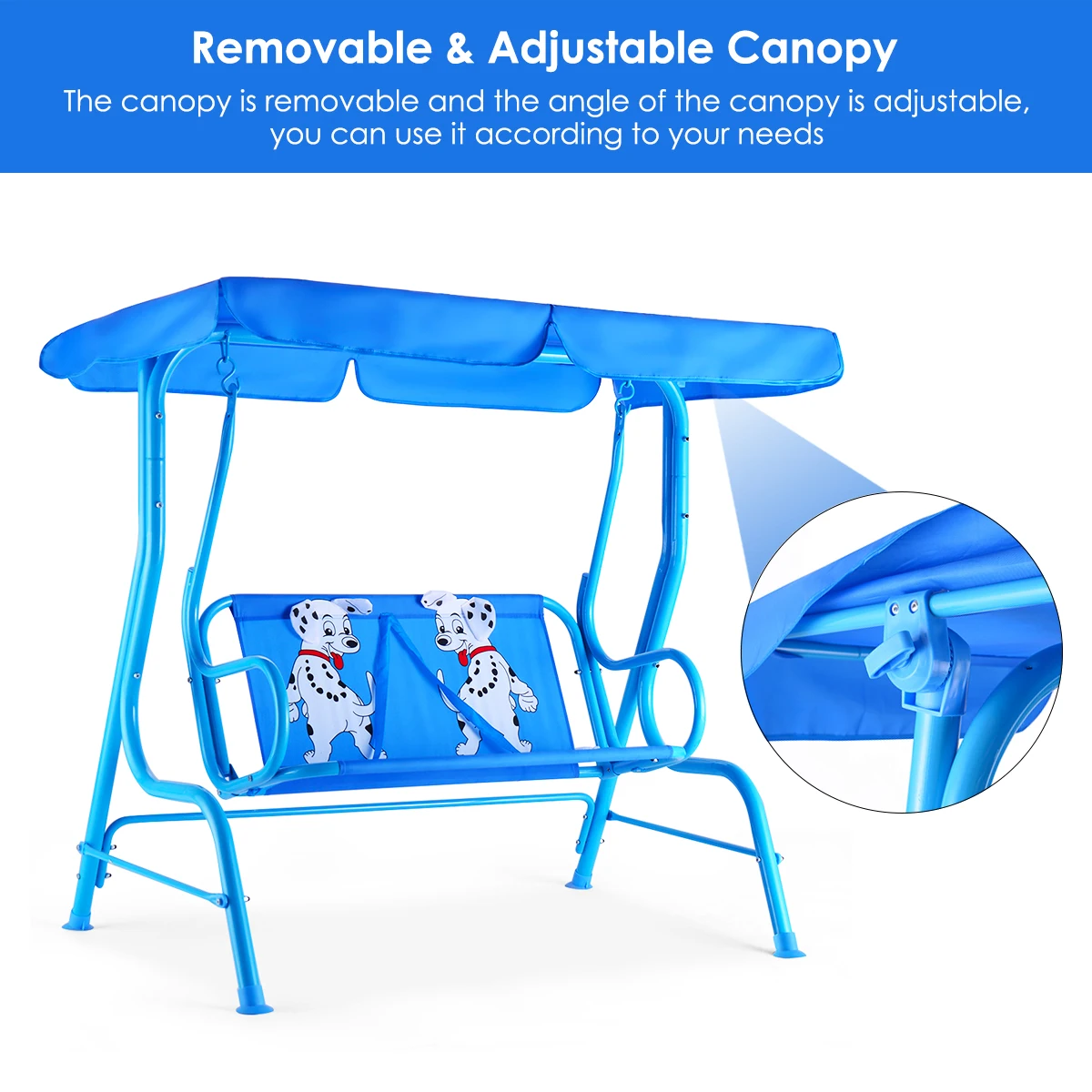Costway Kids Patio Swing Chair Children Porch Bench Canopy 2 Person Yard Furniture Blue images - 6