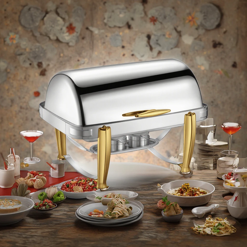 Horno de buffet con pie de cordero, acero inoxidable, chapado en oro, diseño único