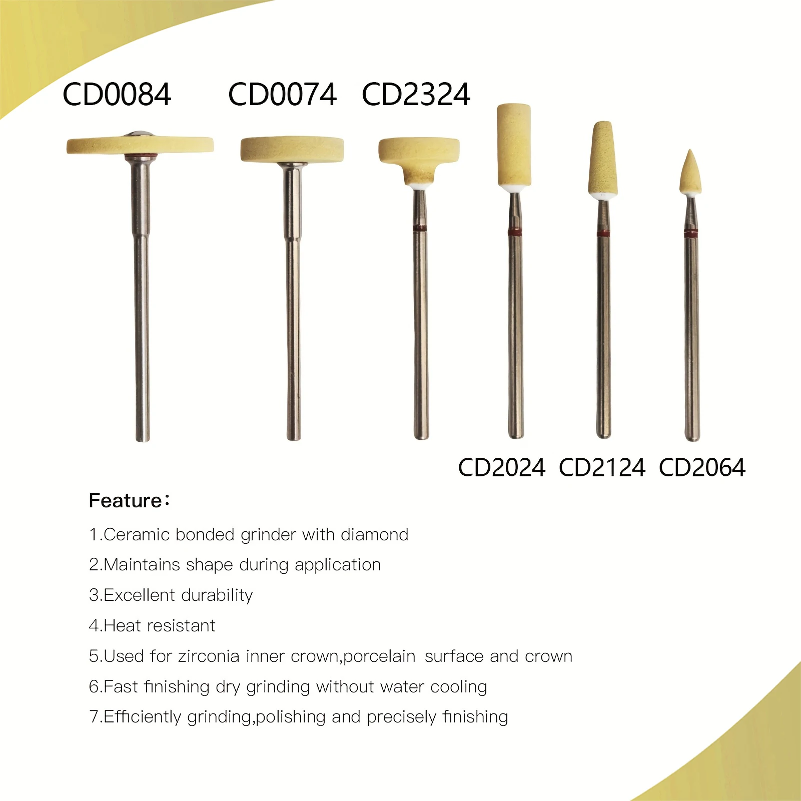 Dental Ceramic Diamond Stone Grinder Polisher for Zirconia Porcelain Crown Yellow Fine Polishing Finishing Lab HP2.35 mm