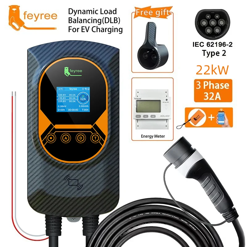 Feyree EV-Ladegerät Typ2 Kabel 32A 7,6kW Dynamische Lastverteilung EVSE Wallbox APP-Funktion 11kW 22kW Ladestation für Elektroautos