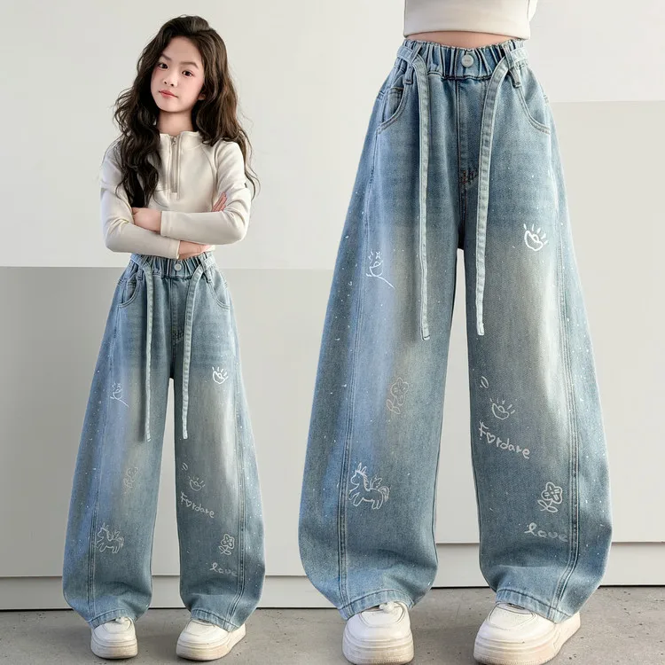 Long Jeans Childrens Long Pants Korean Loose Fit Straight Leg Trousers Kids Clothes Casual Fashion