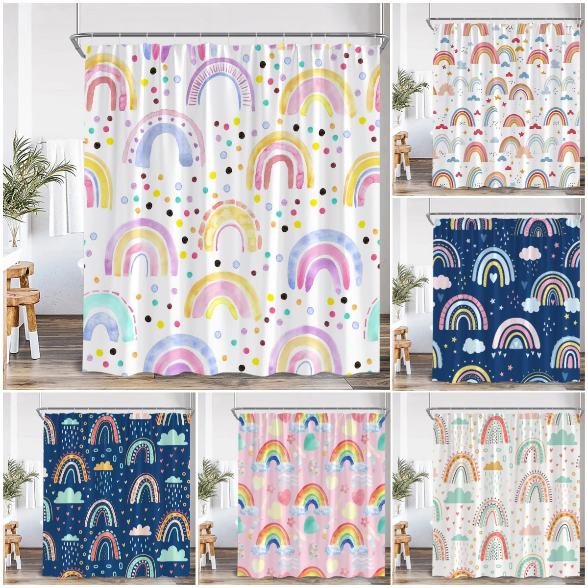 Cartoon Rainbow Kids Bathroom Shower Curtain Hand-painted Cute Pattern Children Bathtub Decor Children Polyester Bath Curtain