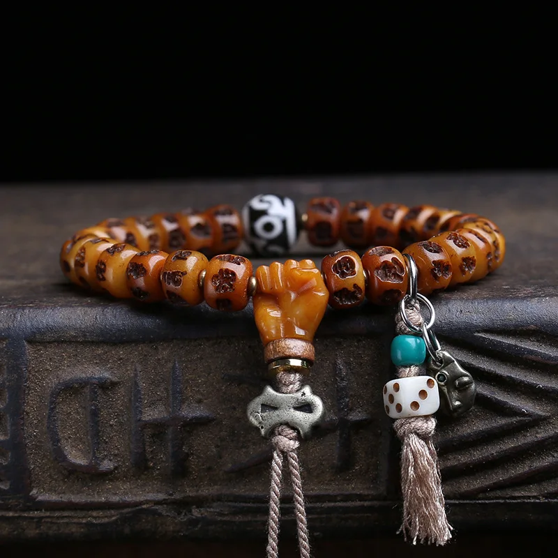 Yak carved six-character mantra bracelet, single-loop collectible item, agate and dzi beads, camel bone three-way connector