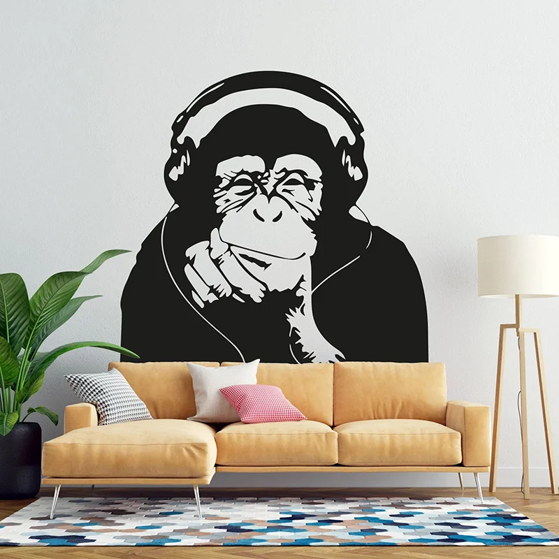 Banksy Thinking Monkey Vinyl Wall Decal Headphones Music Think Gorilla Sticker Home Decor Room Kids Boys Bedroom Wallpaper G107