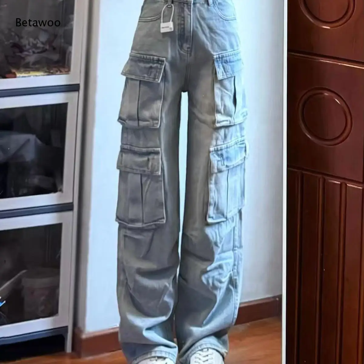 Ladies Vintage Washed Denim Cargo Pants Multiple Flap Side Pockets High Rise Relaxed Wide Leg Y2K Trendy Daily Jeans