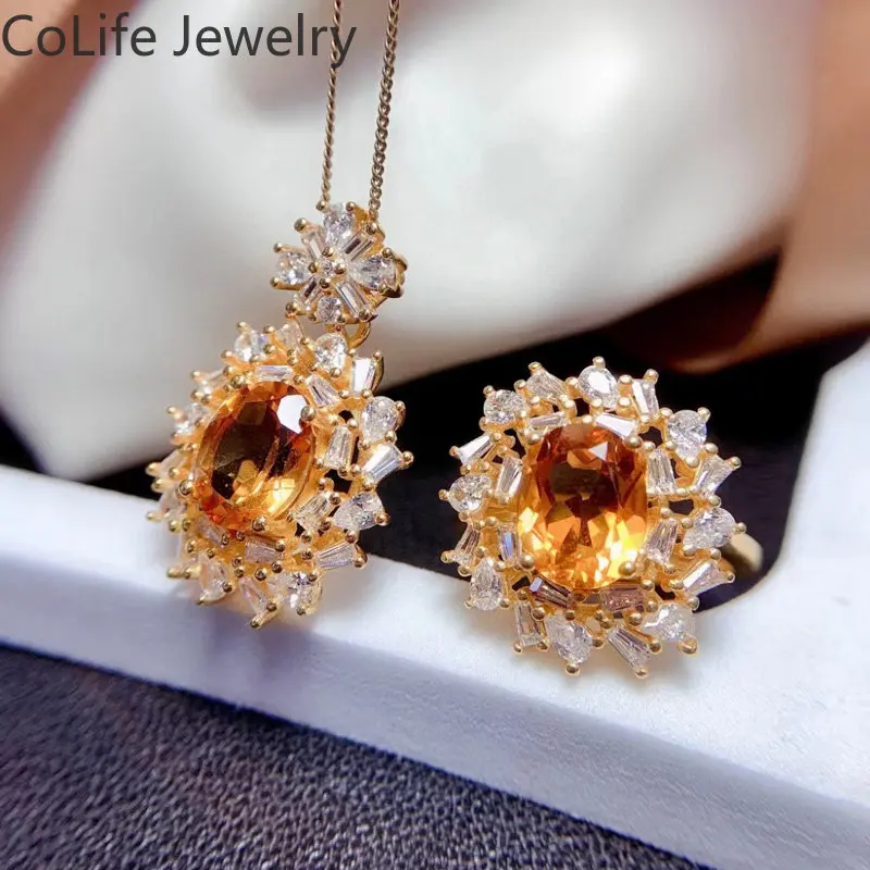 

Dazzling Gemstone Pendant and Ring for Party VVS Grade Natural Citrine 925 Silver Jewelry Set 18K Yellow Crystal Jewelry