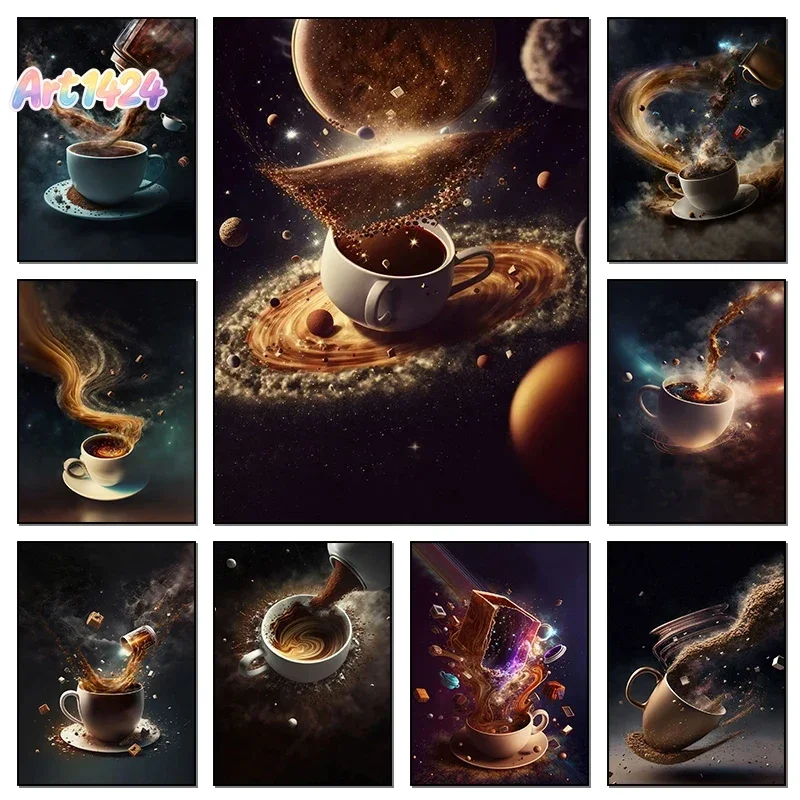 Fantastic Coffee Cup Galaxy Illustration Poster Space Coffee Print Canvas Painting Wall Picture for Home Cafe Shop Kitchen De