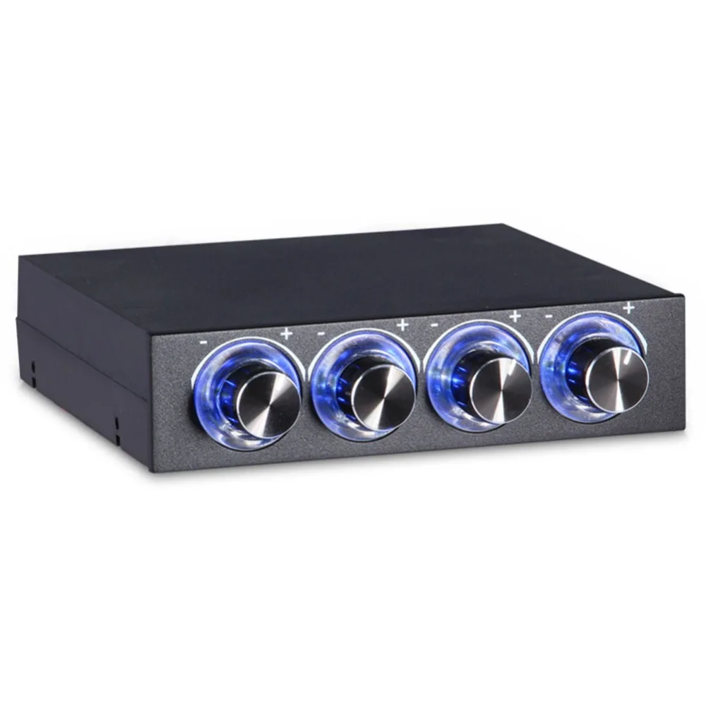 4 Channel Fan Speed Controller Blue LED 3.5 Inch Drive Bay PC Fan Controller Independent Turn Knob Temperature Controller