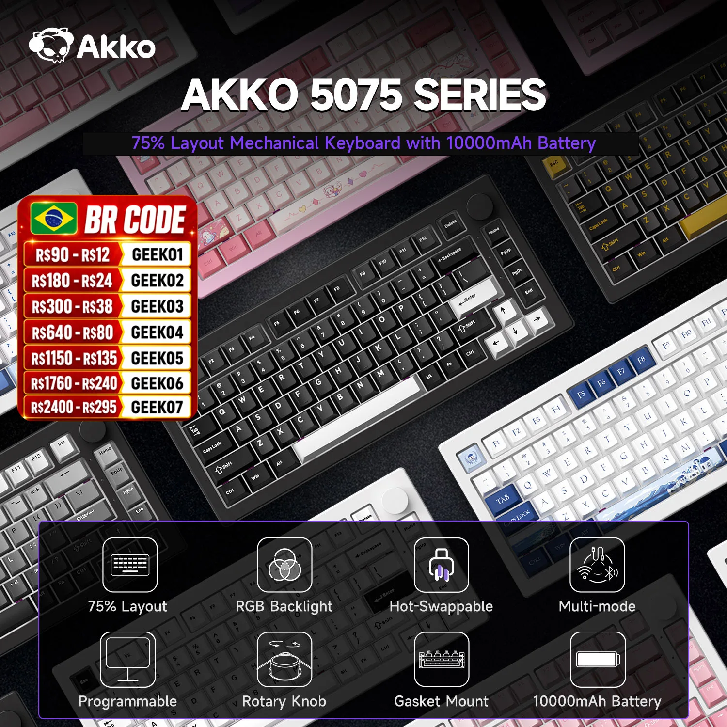Akko 5075 V3 75% clavier mécanique 8000/10000mAh 2.4GHz sans fil/filaire type-c/BT 5.0 joint rvb d'échange à chaud pour la saisie de jeux
