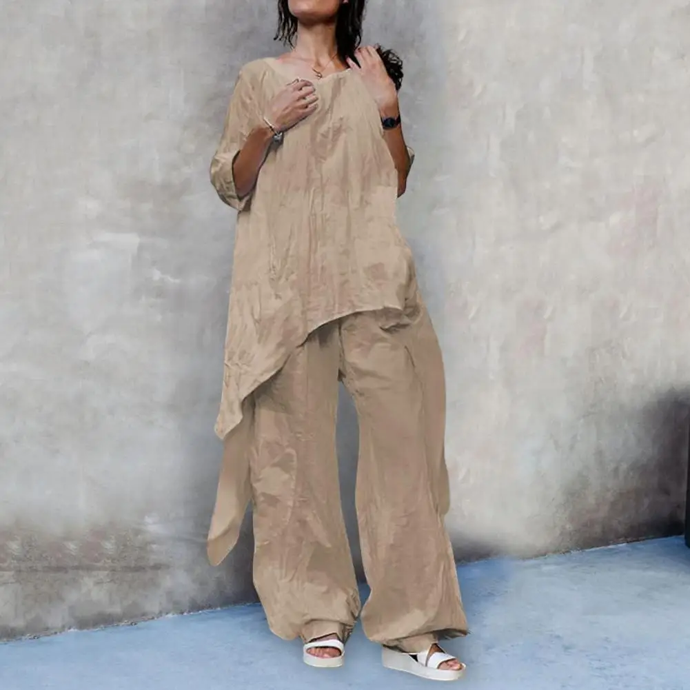 Women Linen Lounge Set Stylish Women's Cotton Linen Two-piece Sets with Casual Shirts Wide Leg Trousers for Relaxed Summer