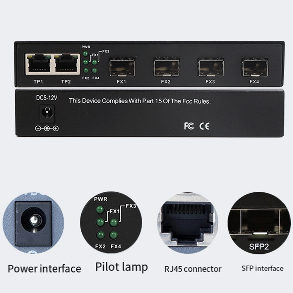 A14M Gigabit Media Converter 4 to 2 RJ45 Transceiver 10/100/1000M Fiber Optic Switch EU PLUG