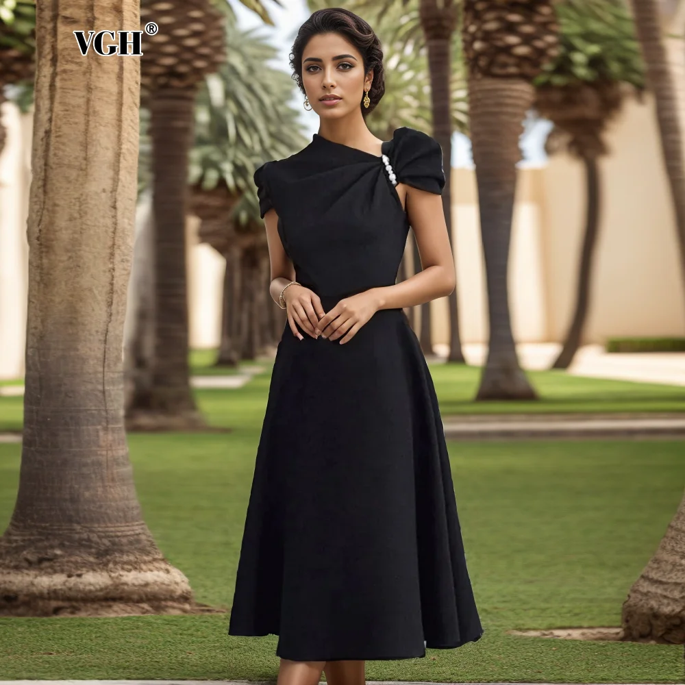 

VGH Elegant Patchwork Pearls Evening Dresses For Women Diagonal Collar Short Sleeve High Waist Temperament Dress Female Style