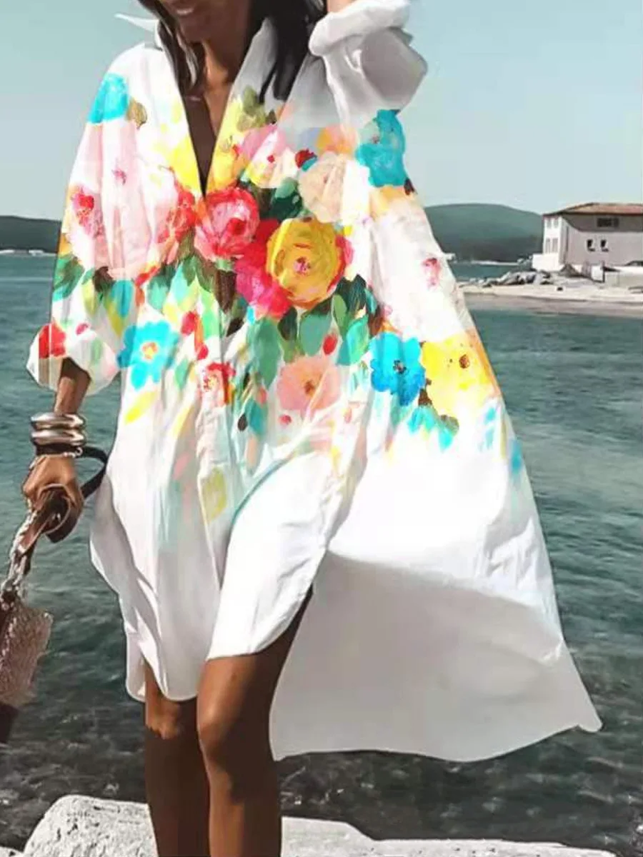 

2024 Women's Beach Cover Dress Oversized Swimwear Cover Up Shirt Dresses Printing White Boho Plus Size Beach Dress