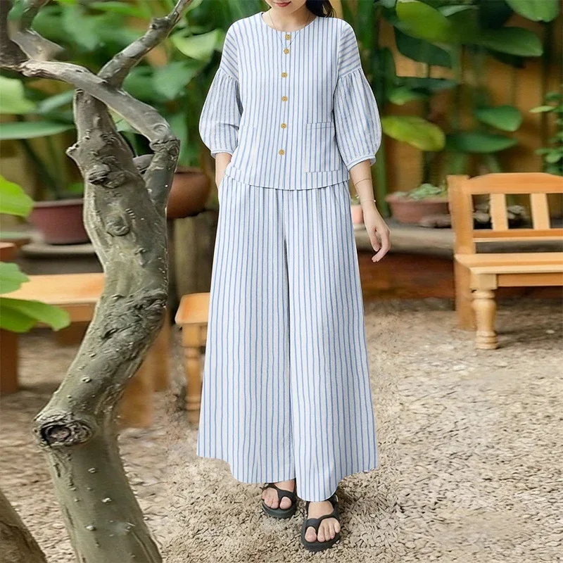 

Pant Set Women Two Piece Sets Round Neck Full Sleeve Striped Tops Wide Leg Long Pants Elastic Waist Y2k Streetwear Elegant 2026