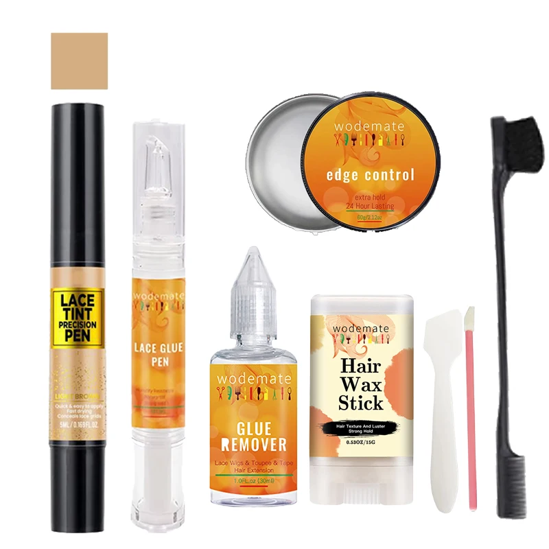 Penna di precisione per tinta pizzo da 5 ml Colla per pizzo per parrucca da 5 ml Dispositivo di rimozione per parrucca da 30 ml Controllo del bordo da 20 g Bastone di cera per capelli da 15 g Kit da viaggio Facile da trasportare