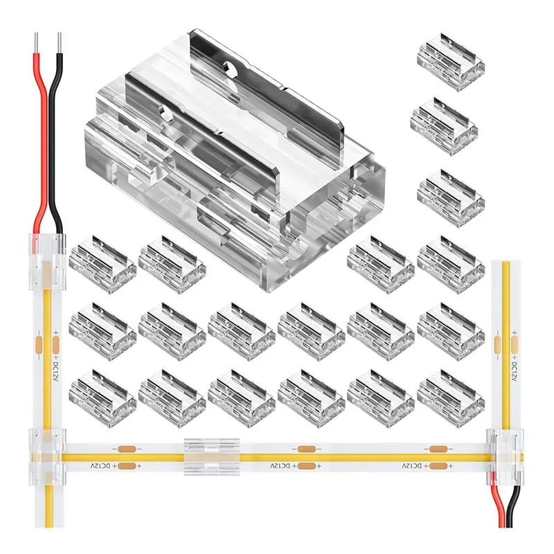 DT17 40 Pack LED Strip Connectors for 8mm 2-Pin COB/SMD 2835/3525 LED Strips, Straight Corner Strip-to-Strip Strip-to-Wire,