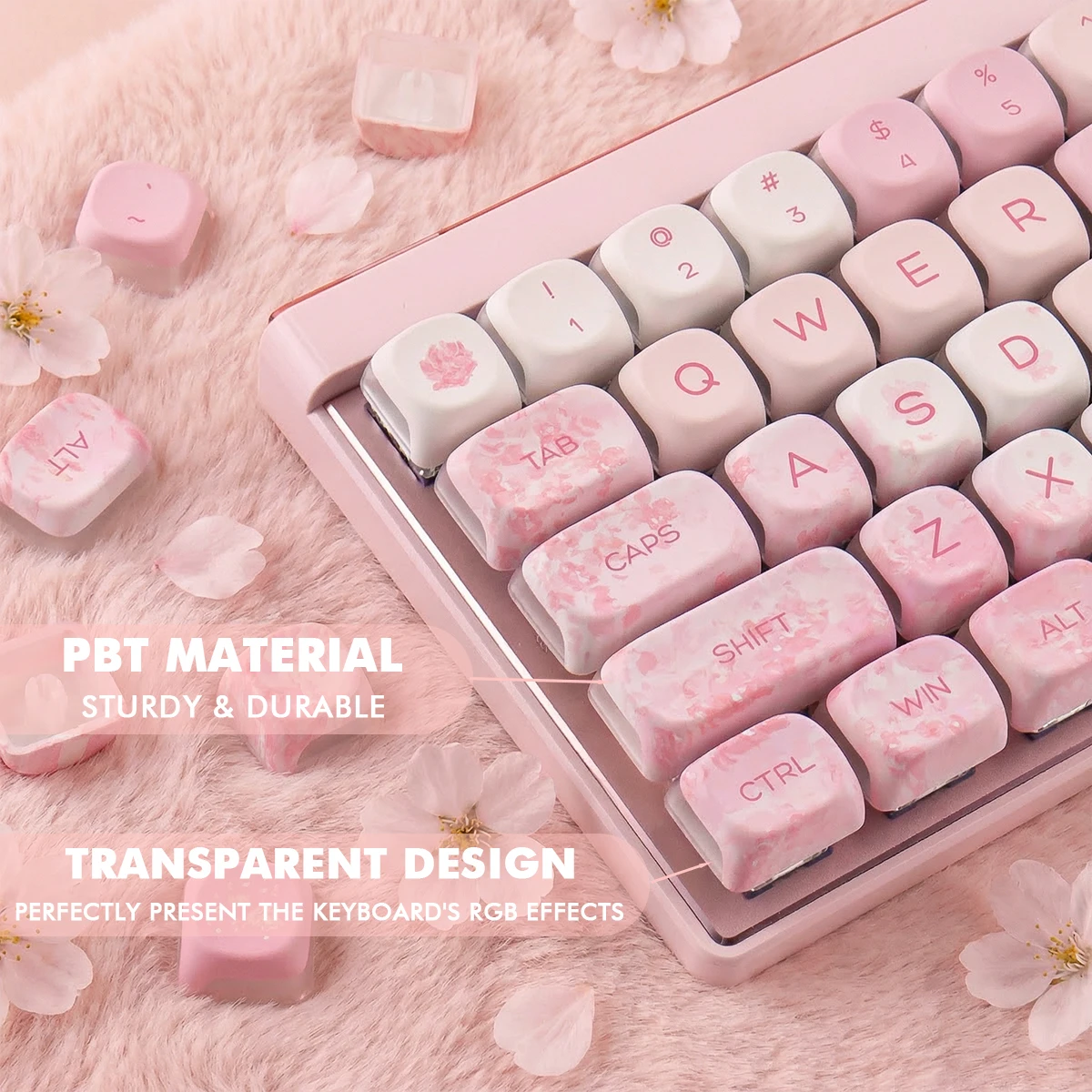 Falling Sakura Three-Side Translucent 133 Keys PBT Keycaps MOA Profile for Mechanical Keyboards