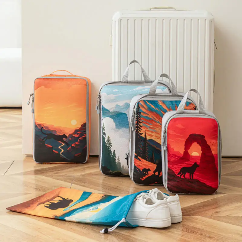 5 pçs/set conjunto organizador de viagem saco de armazenamento grande capacidade saco compressível roupa interior mala zíper bolsas de bagagem